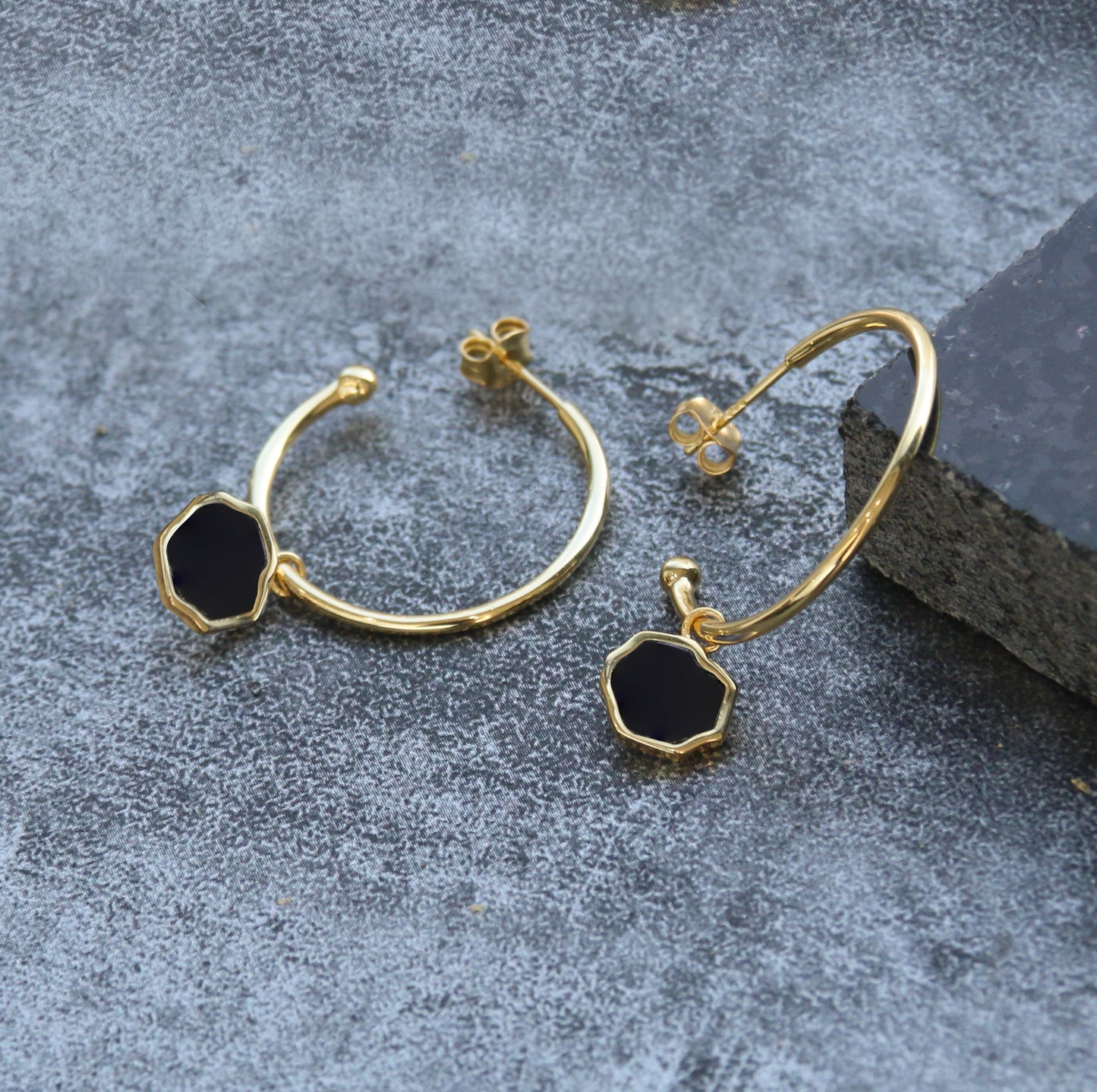 CONFIDENCE - Black Onyx Stone Charm & Hoop Earrings (Gold Vermeil)