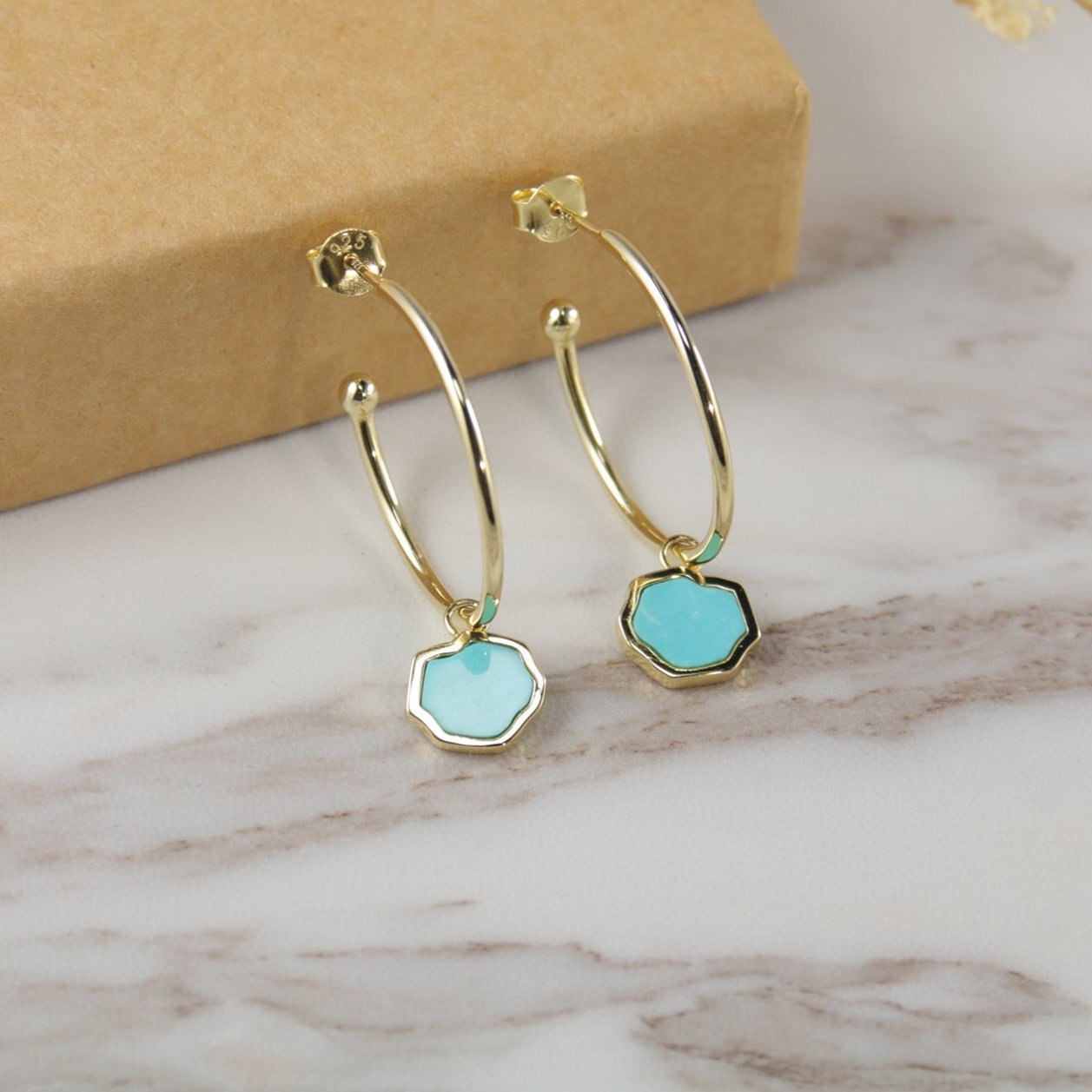 PROTECTION - Turquoise Stone Charm & Hoop Earrings (Gold Vermeil)