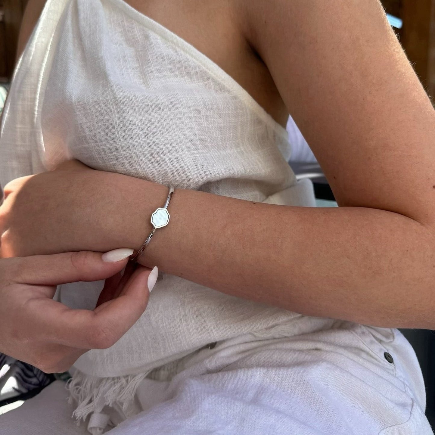 PEACE - Mother of Pearl Single Stone Cuff (Silver)