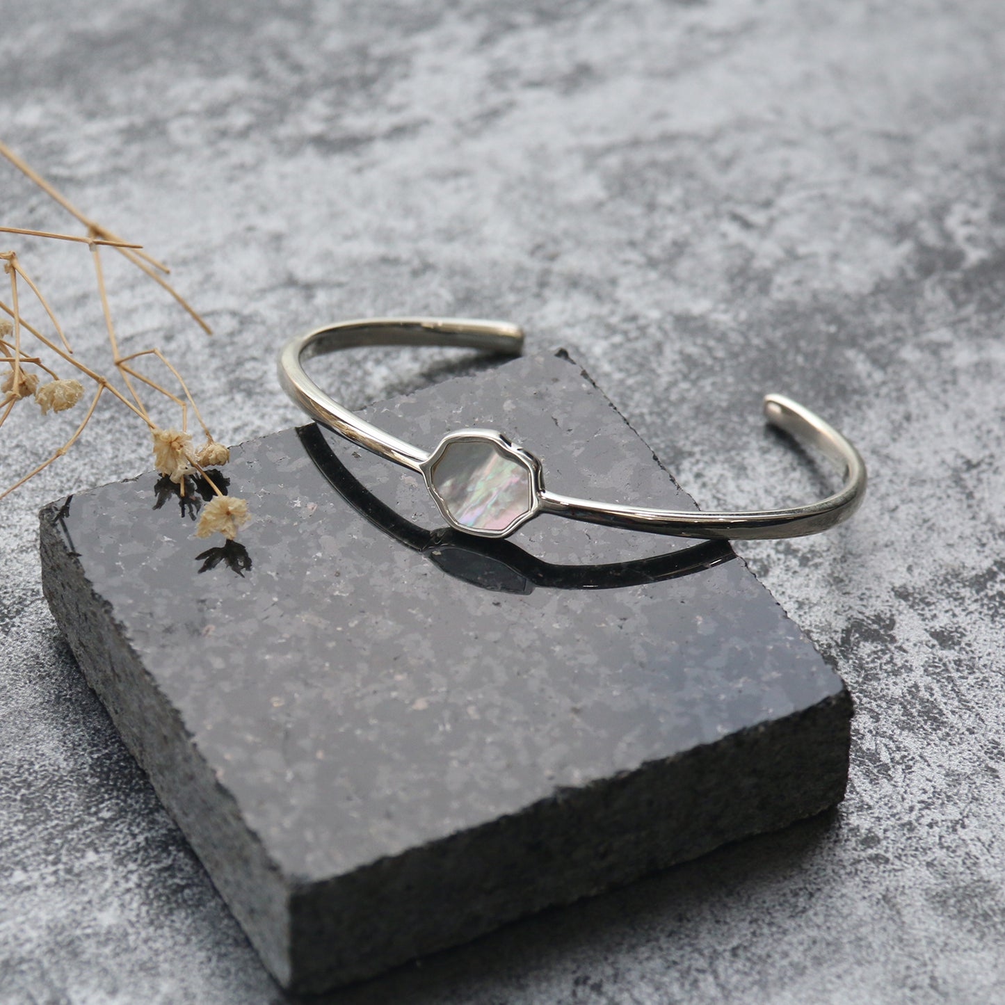PEACE - Mother of Pearl Single Stone Cuff (Silver)