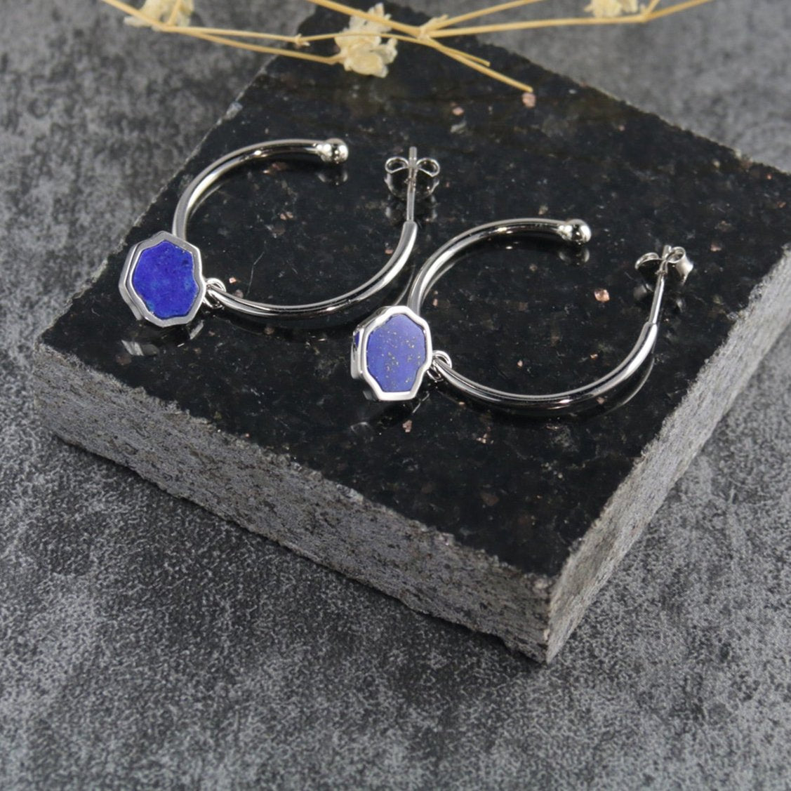 STRENGTH - Lapis Lazuli Stone Charm & Hoop Earrings (Silver)