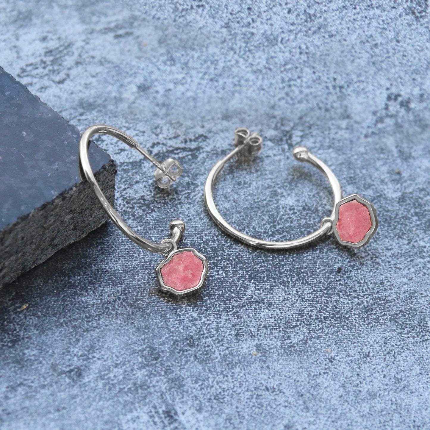 LOVE -Rhodonite Stone Charm & Hoop Earrings (Silver)