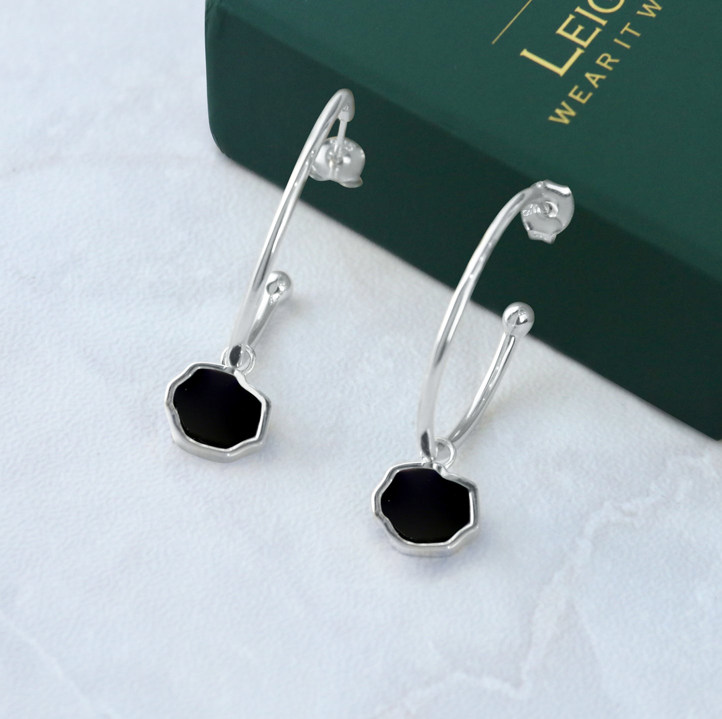 CONFIDENCE - Black Onyx Stone Charm & Hoop Earrings (Silver)