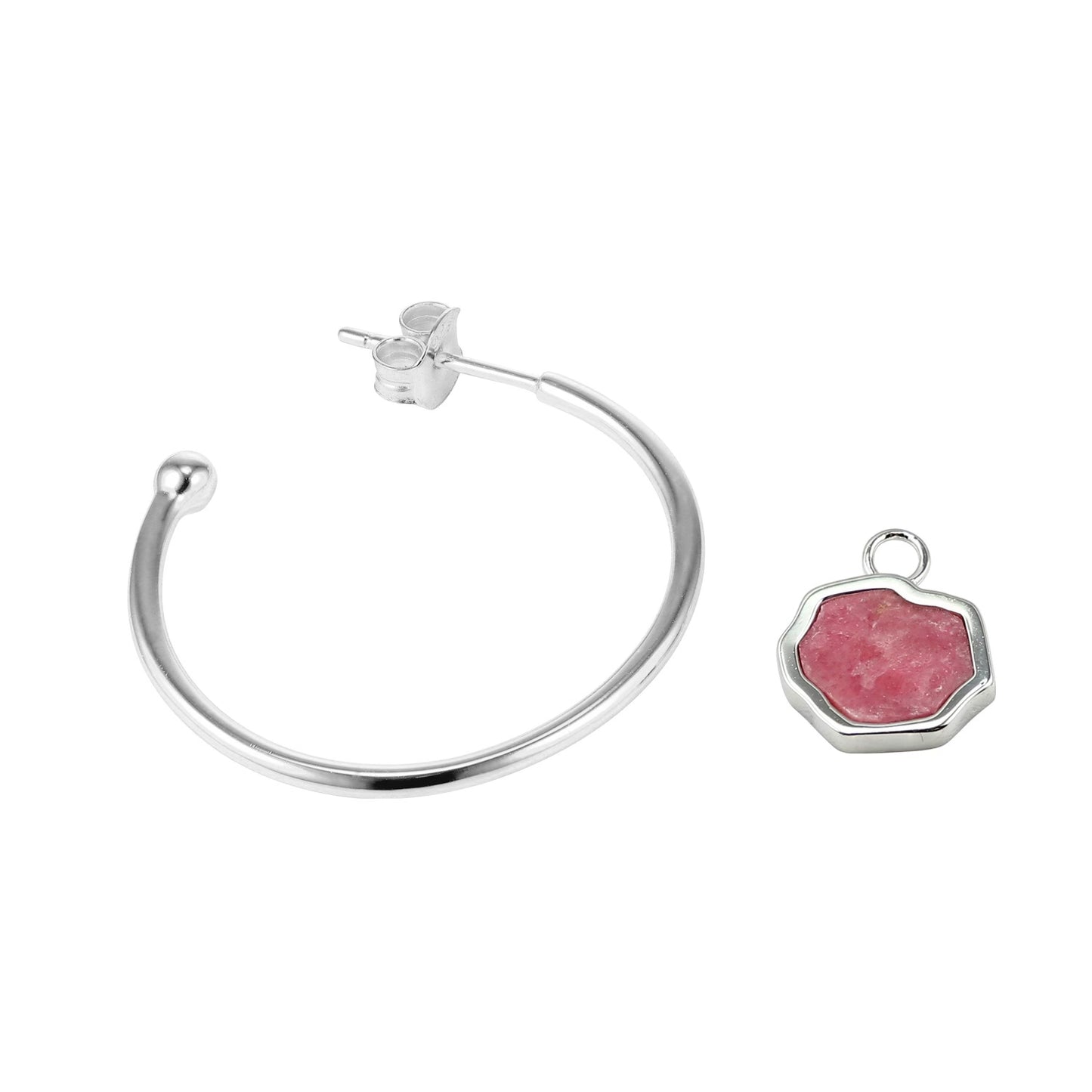 LOVE -Rhodonite Stone Charm & Hoop Earrings (Silver)