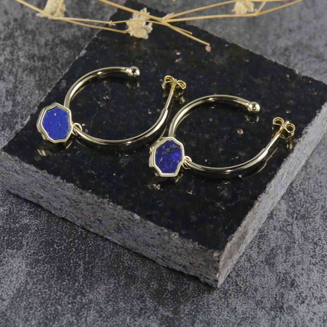 STRENGTH - Lapis Lazuli Stone Charm & Hoop Earrings (Gold Vermeil)
